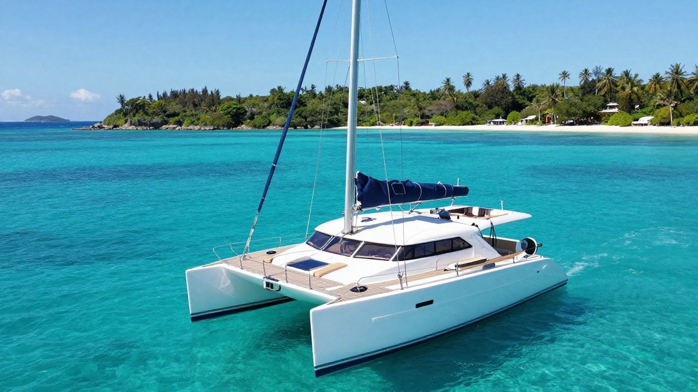 Catamaran sailing on clear blue water.