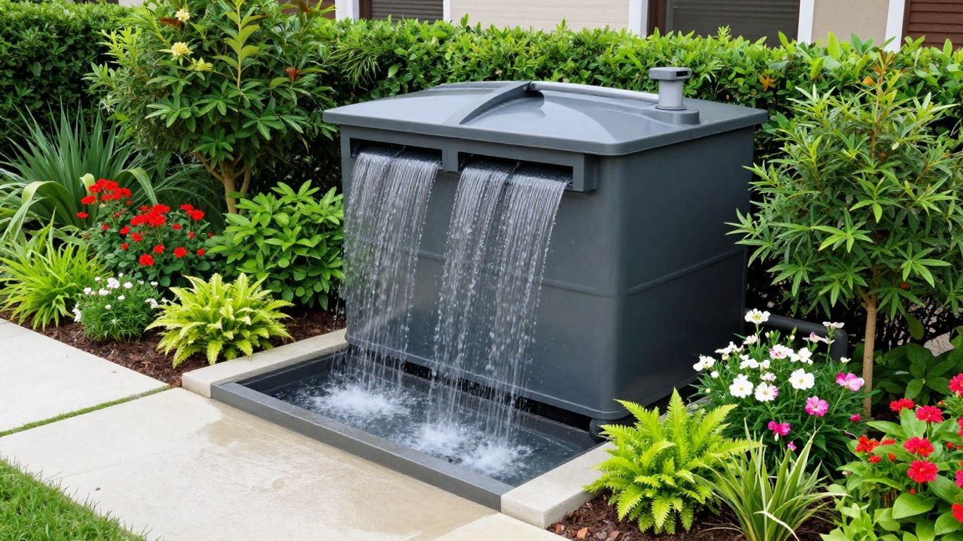 Modern home with rainwater harvesting system and green landscaping.