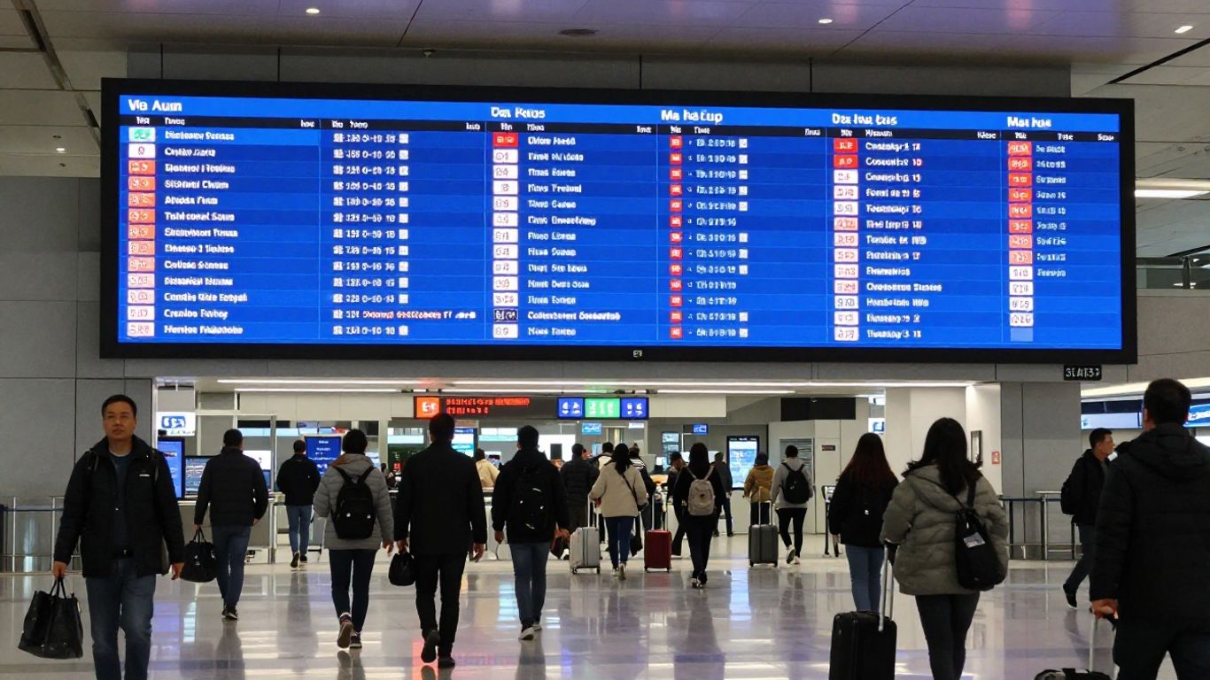 Travelers checking digital flight boards