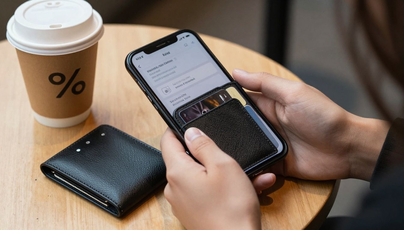 Someone paying for a coffee at a Melbourne cafe using their phone, with a stylish wallet case holding their cards.