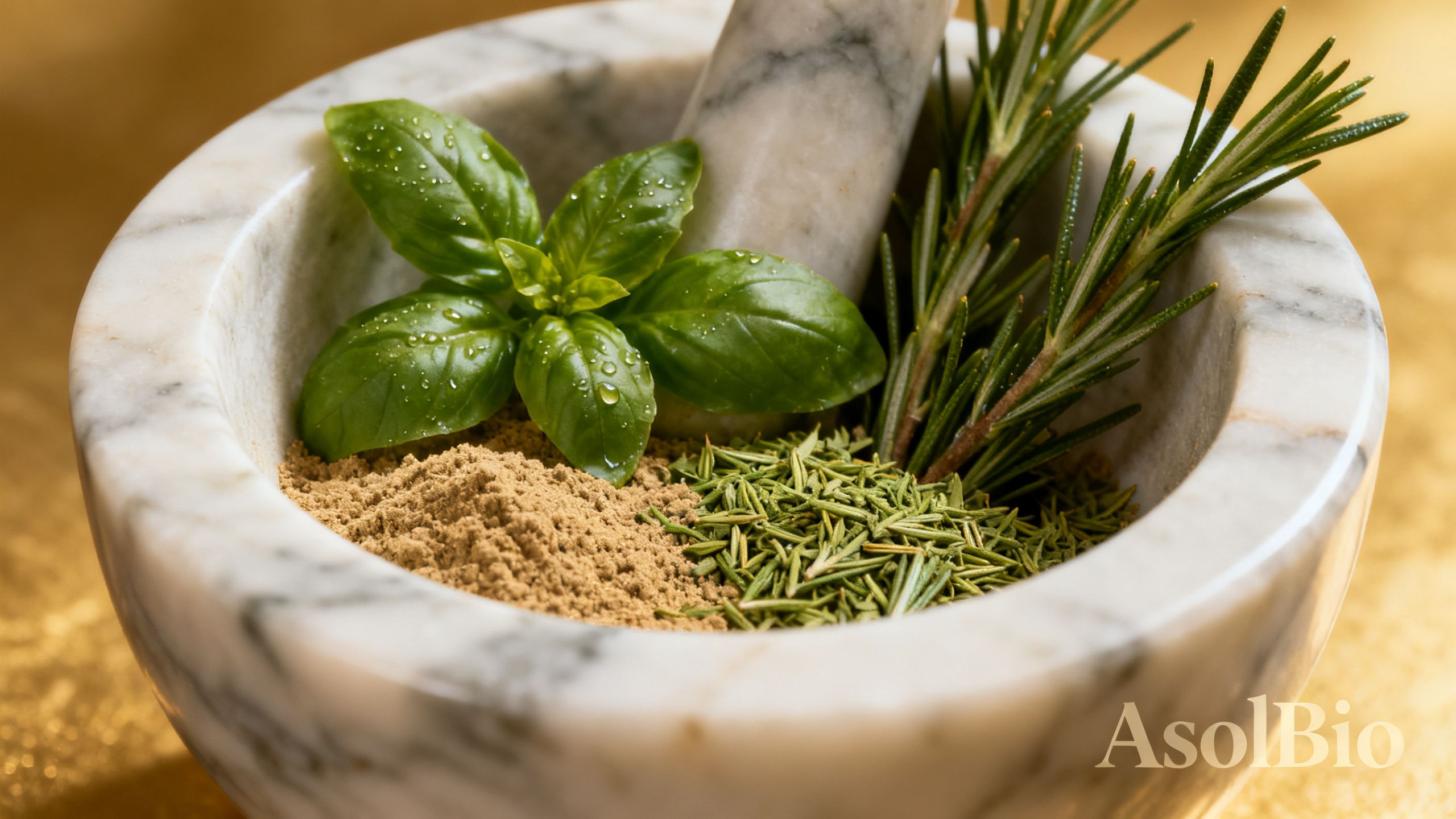 Un mortier en marbre contenant des herbes fraîches et des poudres de plantes, symbolisant la pureté et l'origine naturelle des ingrédients AslBio