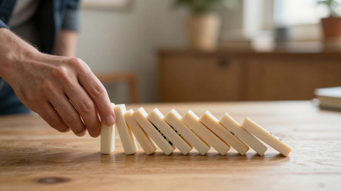 Dominoes falling in a chain reaction.