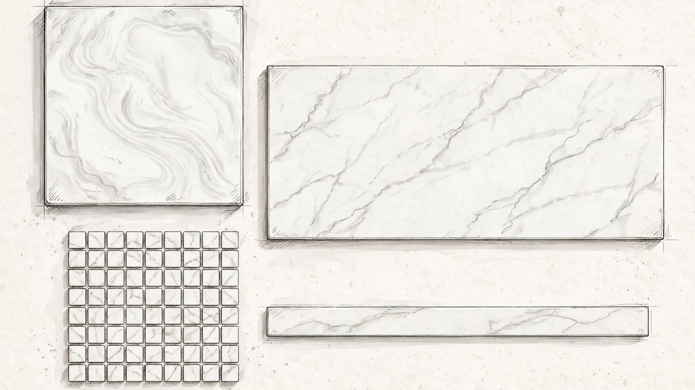 Carrara marble tile and mosaic arrangement