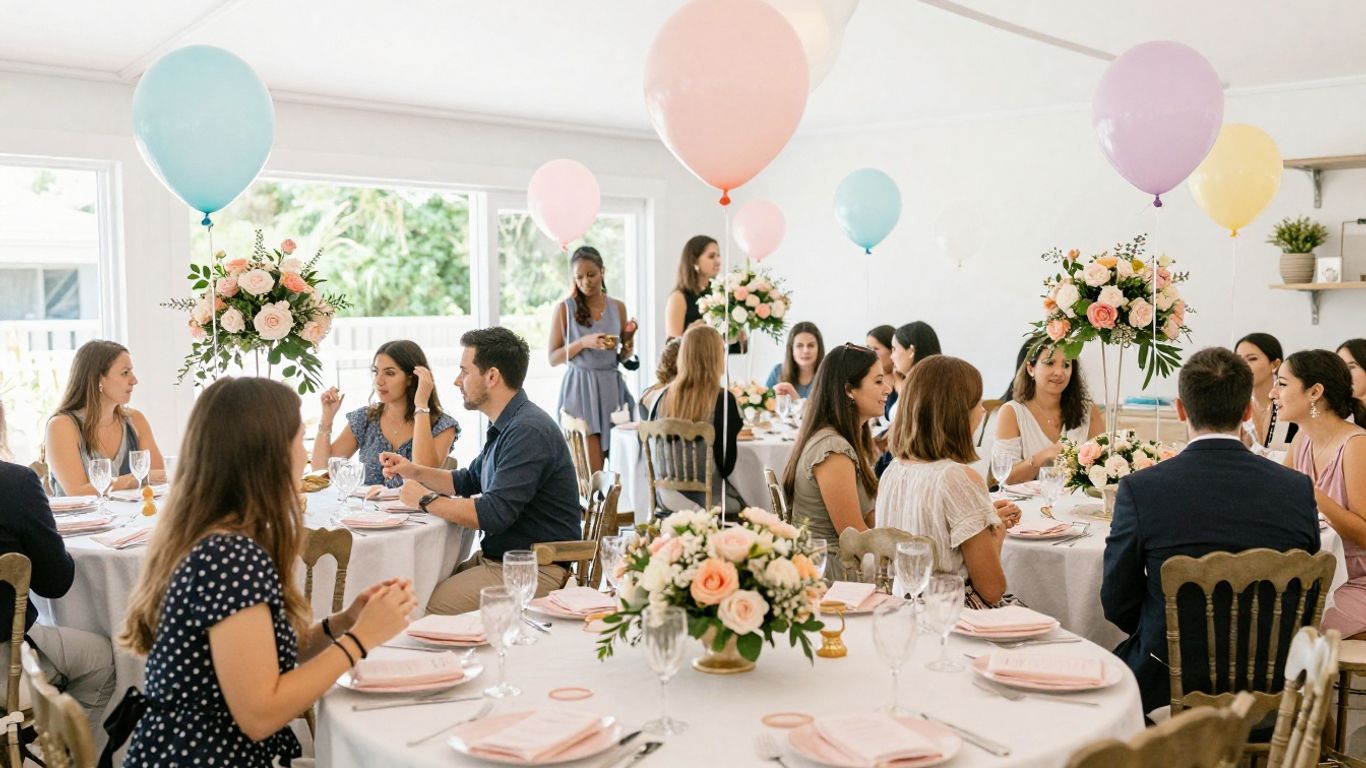 Elegant baby shower venue in Dallas with balloons and flowers.