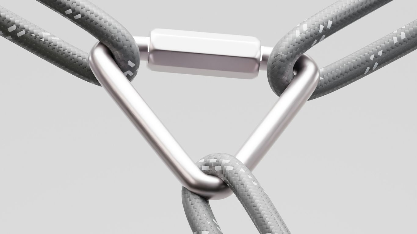 Two ropes connected by a metal carabiner clip.