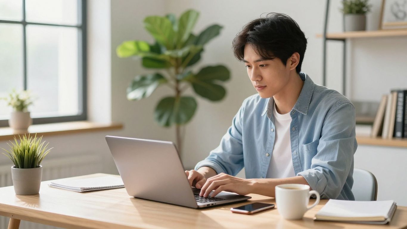 Empreendedor jovem usando laptop em escritório moderno em casa.