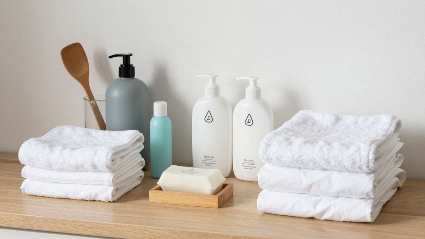 Suministros esenciales para anfitriones de Airbnb organizados.