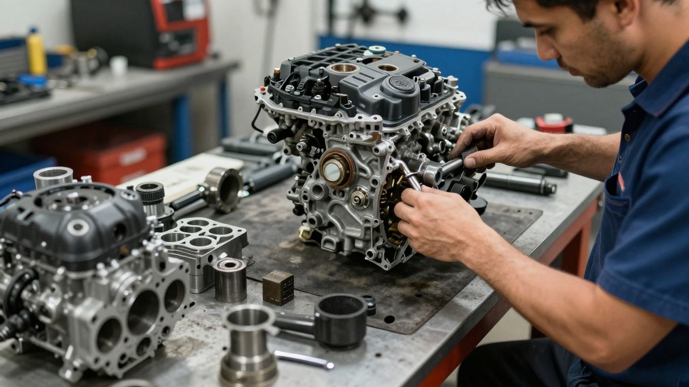 Mitsubishi Triton engine parts in a workshop.