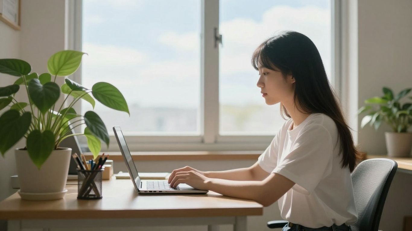 Student studying calmly with a plant and bright window.