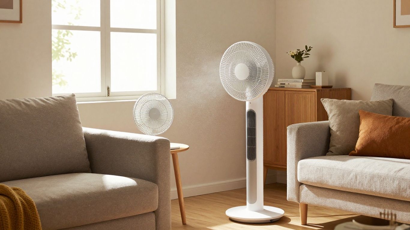 Various fans in a modern Airbnb living room.