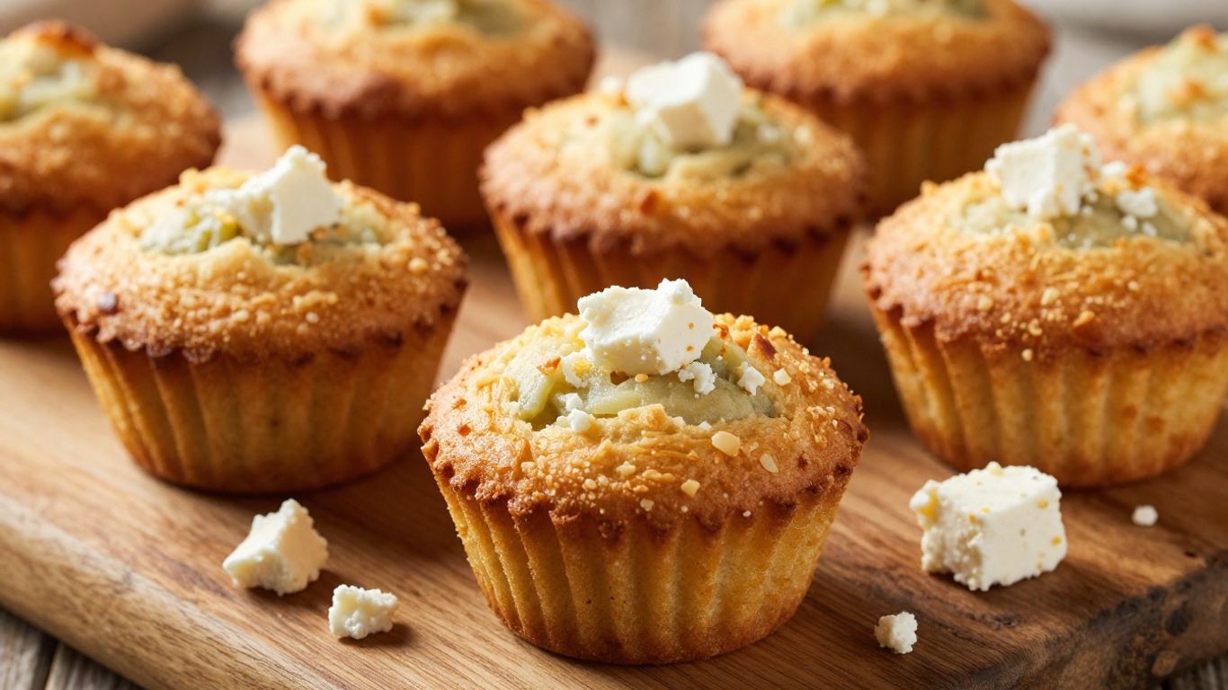 Savory feta muffins on a wooden board.