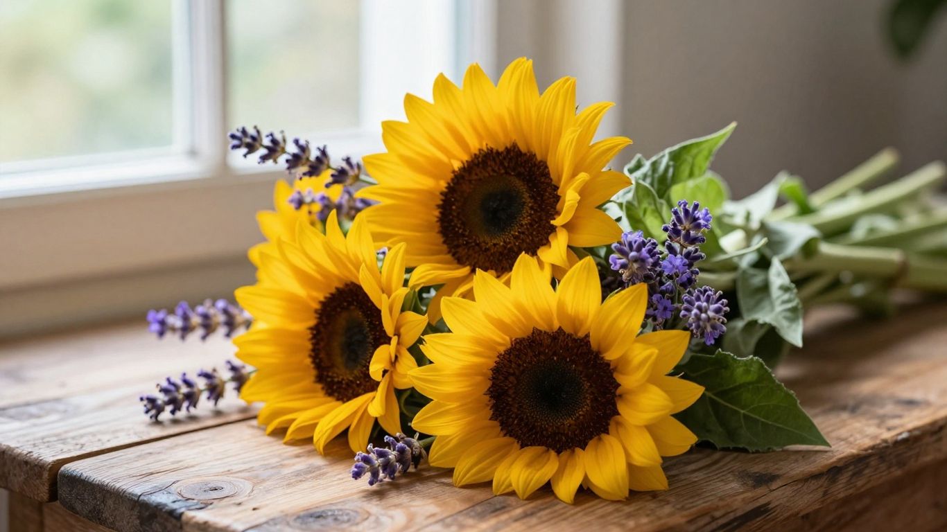 A vibrant, freshly cut bouquet on a wooden table