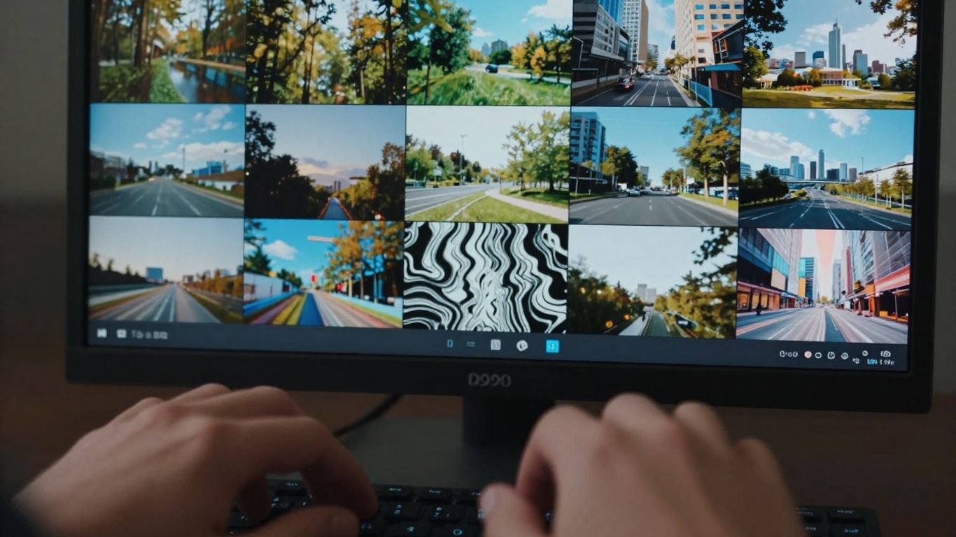 Hands typing, video montage on screen.