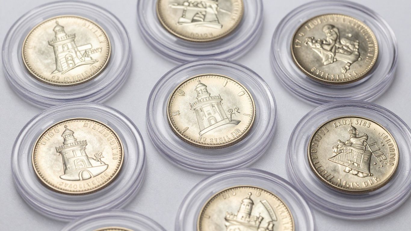 Lighthouse Everslab coin capsules protecting various coins.