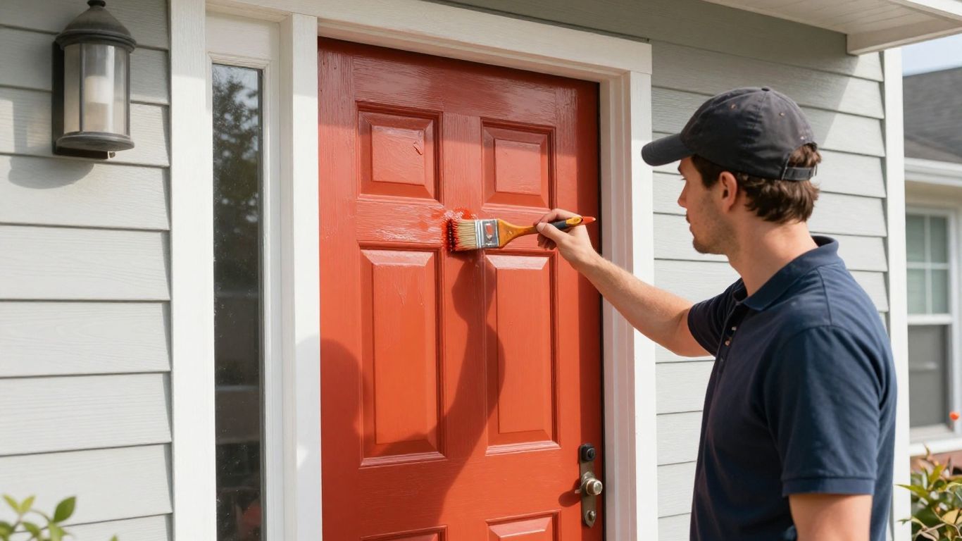 Painter applying fresh paint to a home's front door.