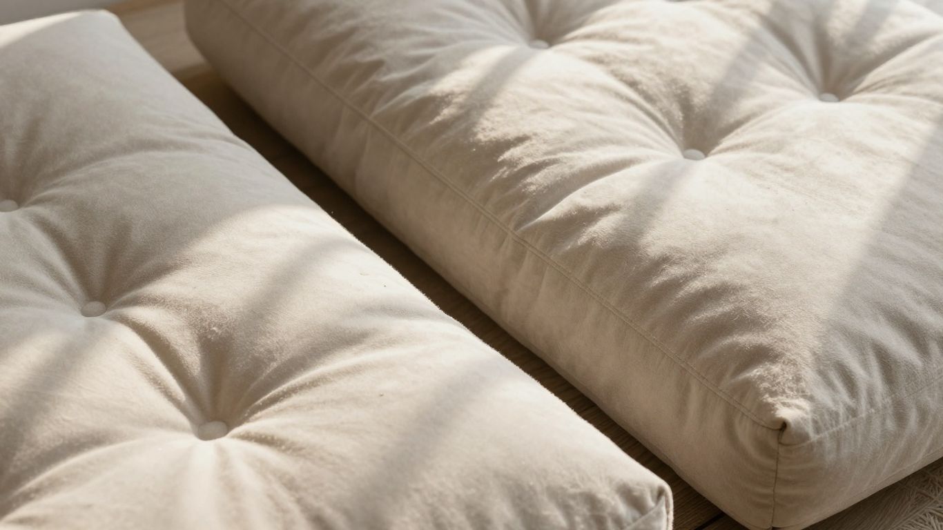Thick patio cushion next to a thinner one.