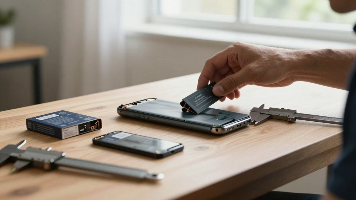 Technician comparing phone battery specifications