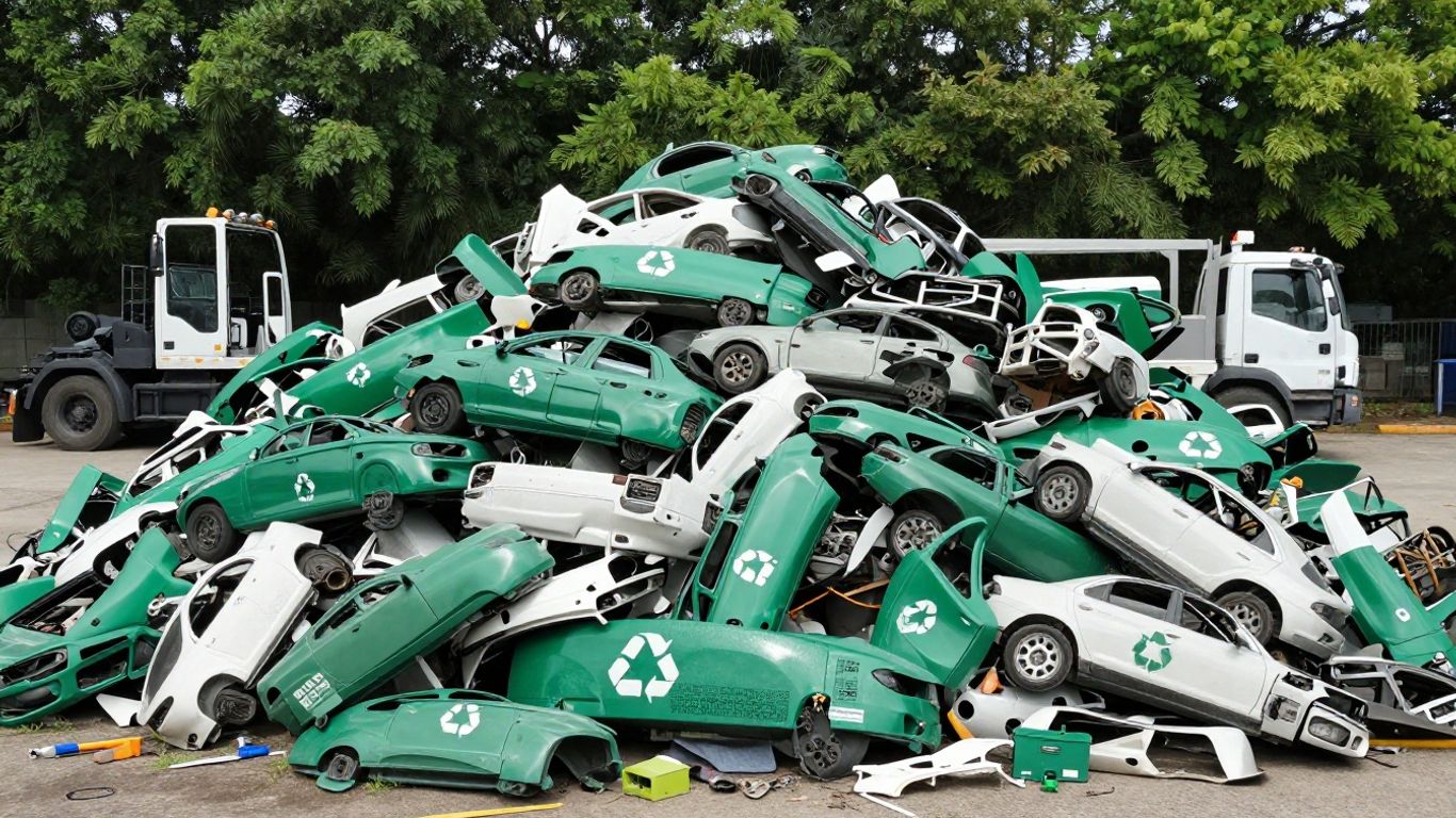 Eco-friendly car recycling facility with Chrysler parts.