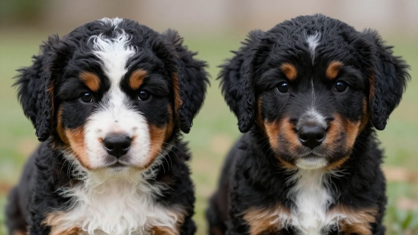 Bernedoodle puppies with different coat types and colors.