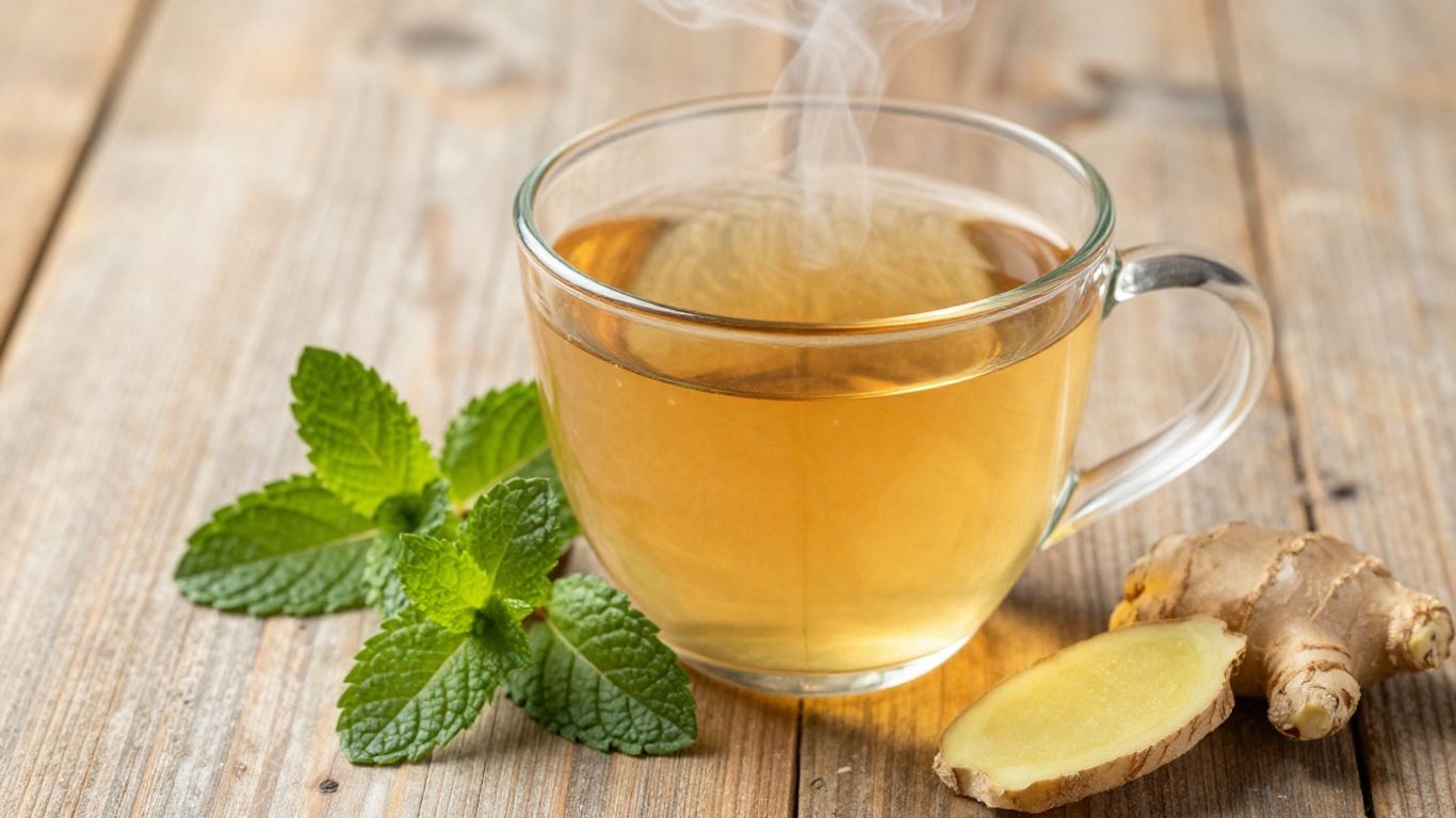 Herbal tea with mint and ginger, steaming in a mug.