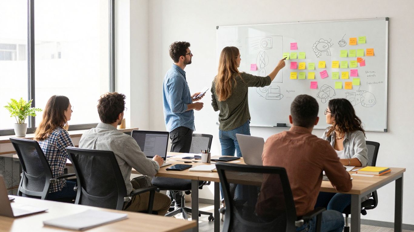 Idea Management Solutions. Team collaborating in a bright office, brainstorming ideas.