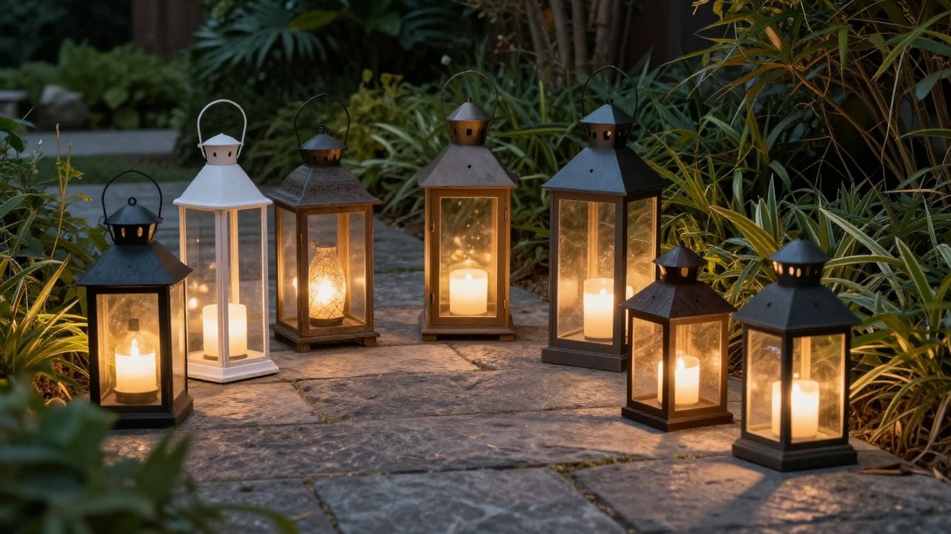 Various outdoor lantern lights on a stone path.
