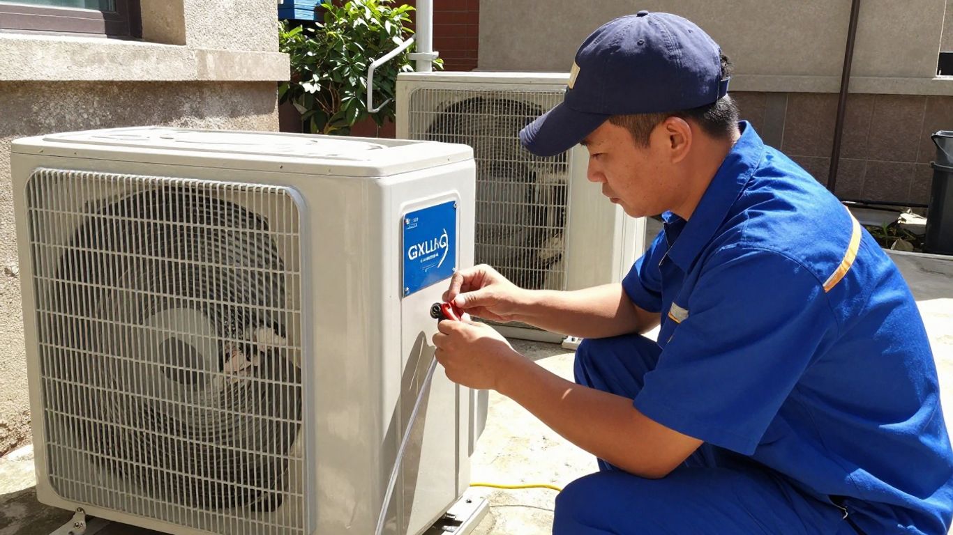 AC repair technician fixing an outdoor unit.