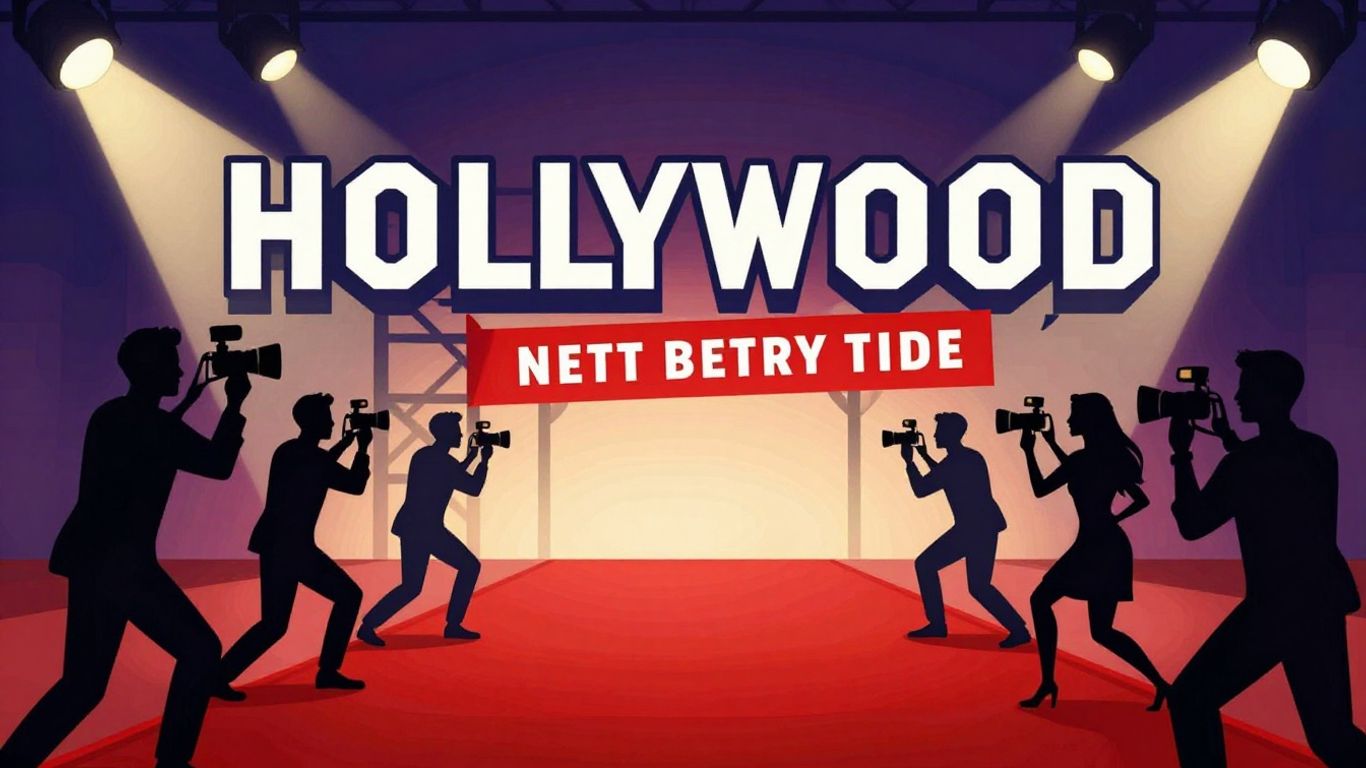 Hollywood entertainment news with spotlights and crowds.