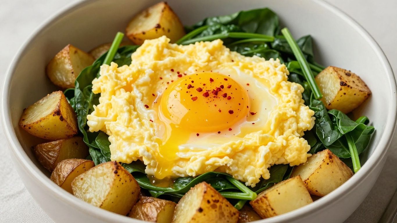 Hearty potato and egg breakfast bowl with spinach.