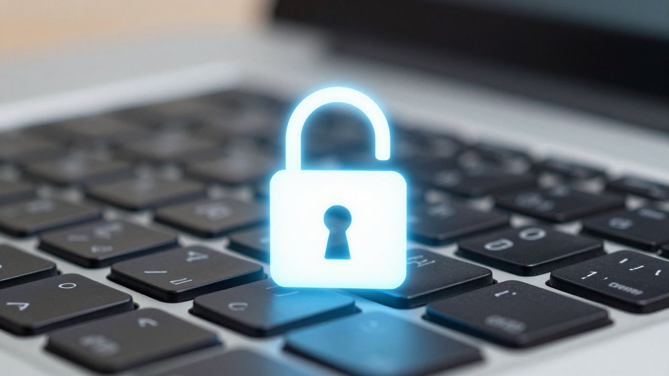 Laptop keyboard with a digital padlock icon for security.