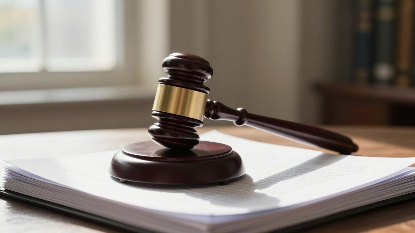 Gavel on legal documents with courthouse background.