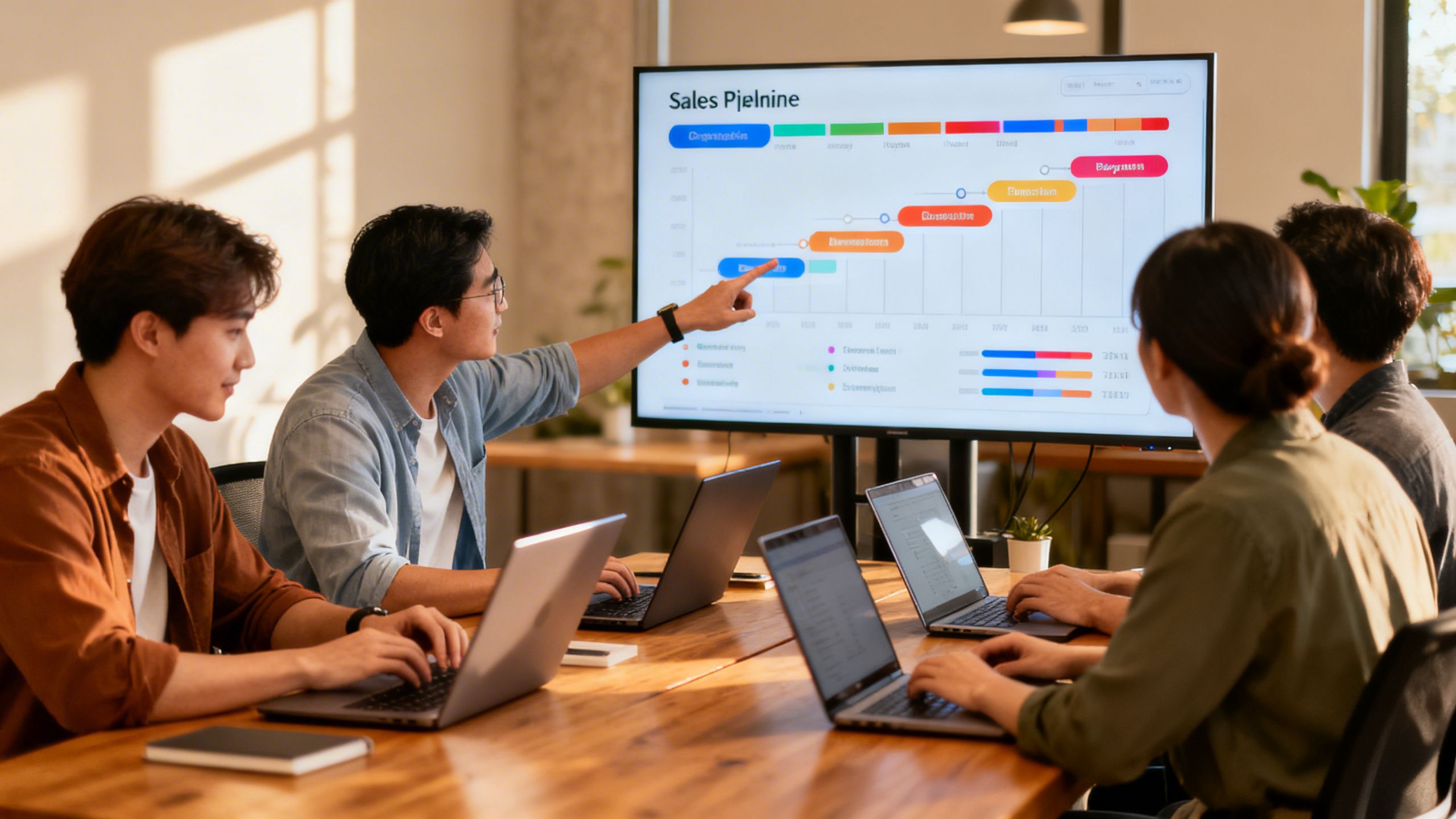A small team collaborating around a desk with laptops, pointing at a visual sales pipeline chart on a screen