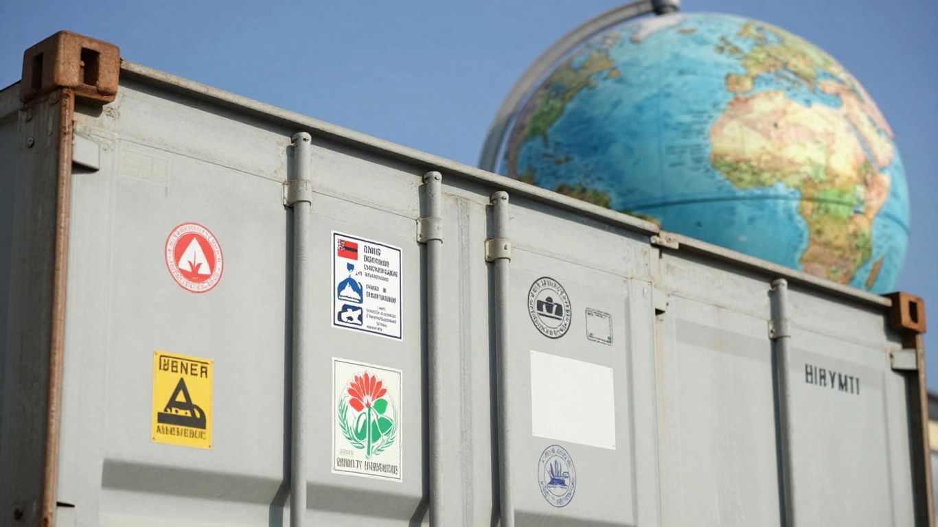 Shipping container with international labels and globe.