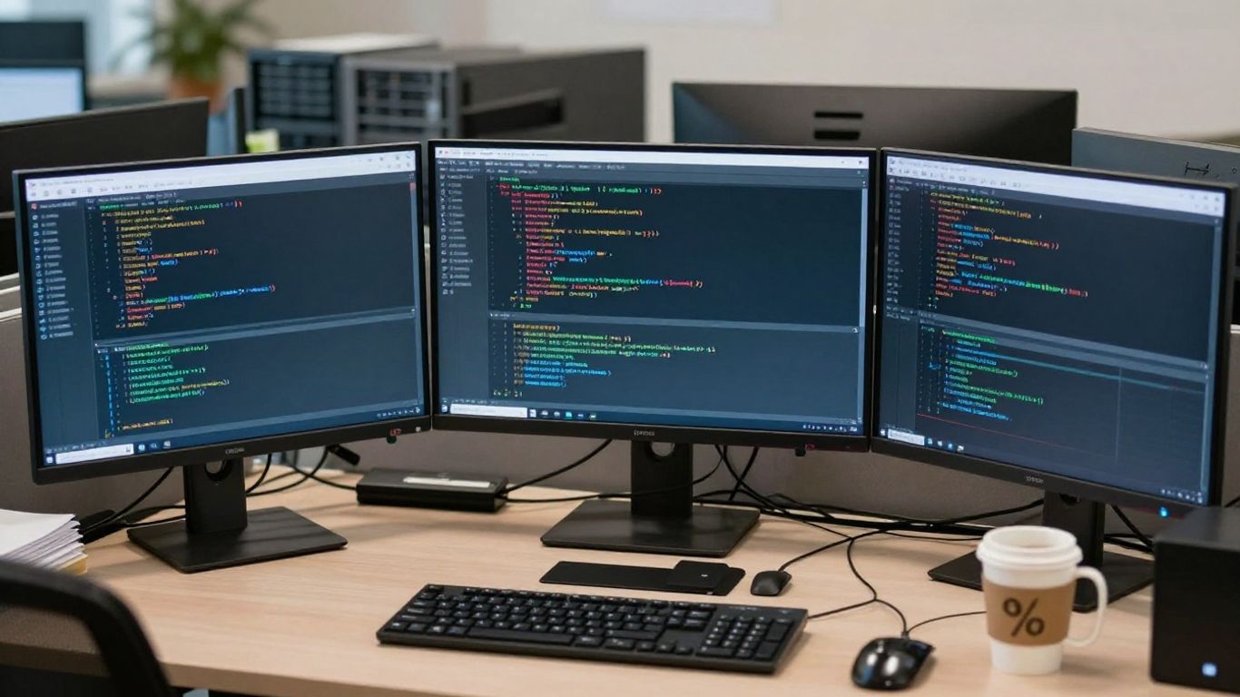 Professional workspace with server racks visible