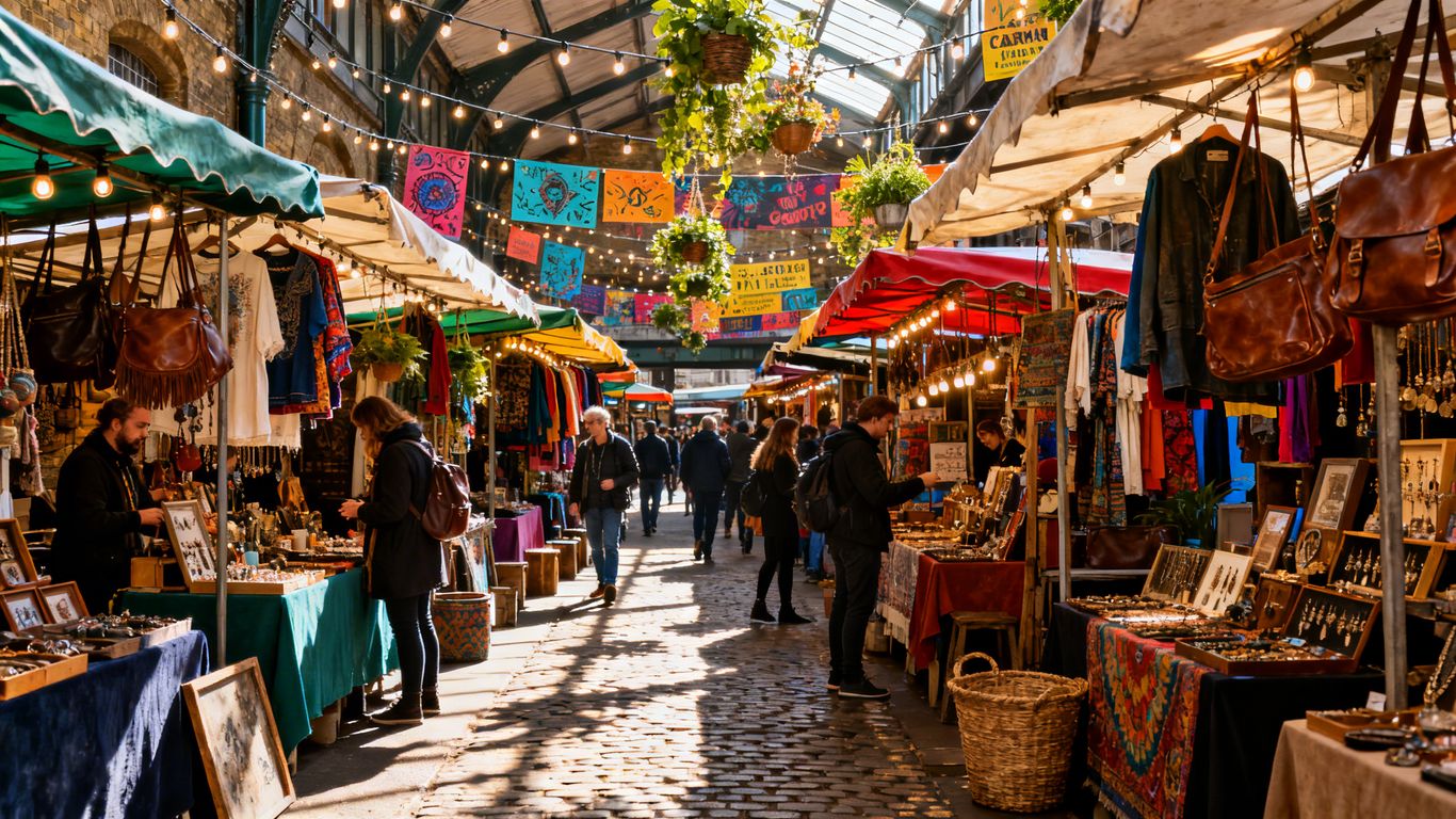 Camden Stables Market with colorful stalls and shoppers.