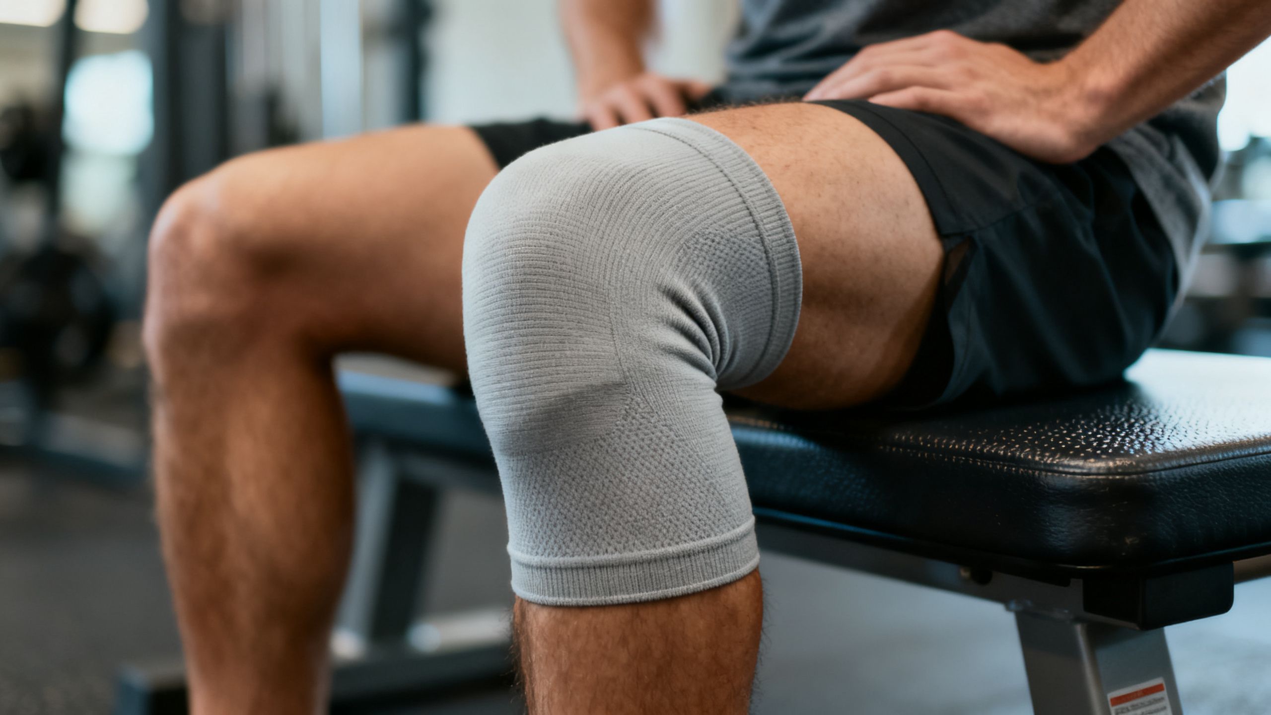 A person wearing a high-quality compression sleeve on their knee while sitting on a workout bench.