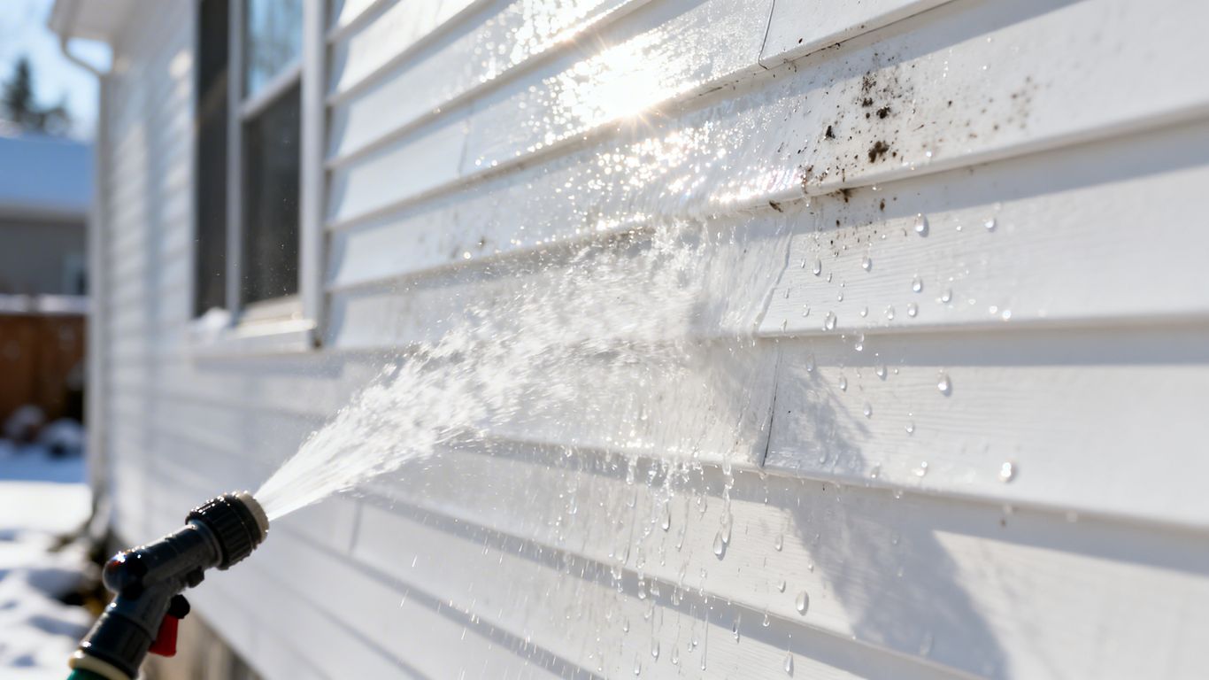 Washing white vinyl siding after winter.