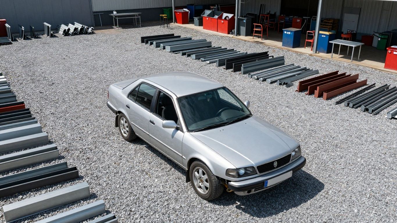 A damaged car sitting on a repair yard