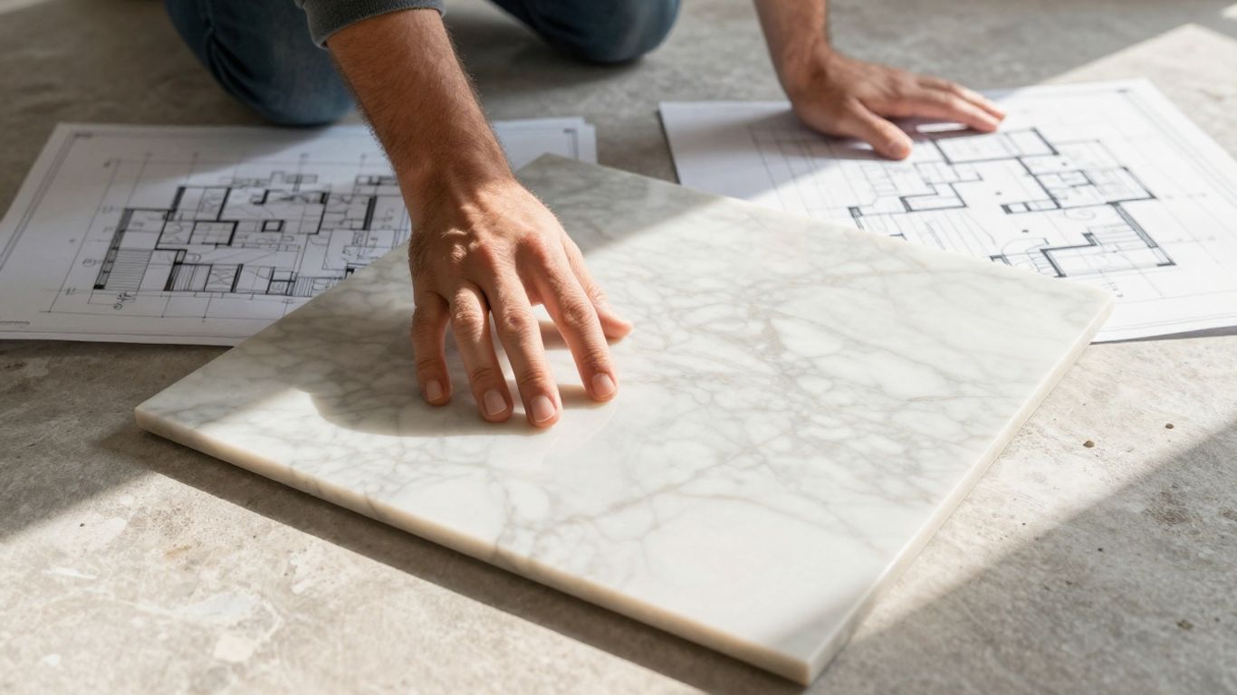 Marble tile samples and renovation sketch.