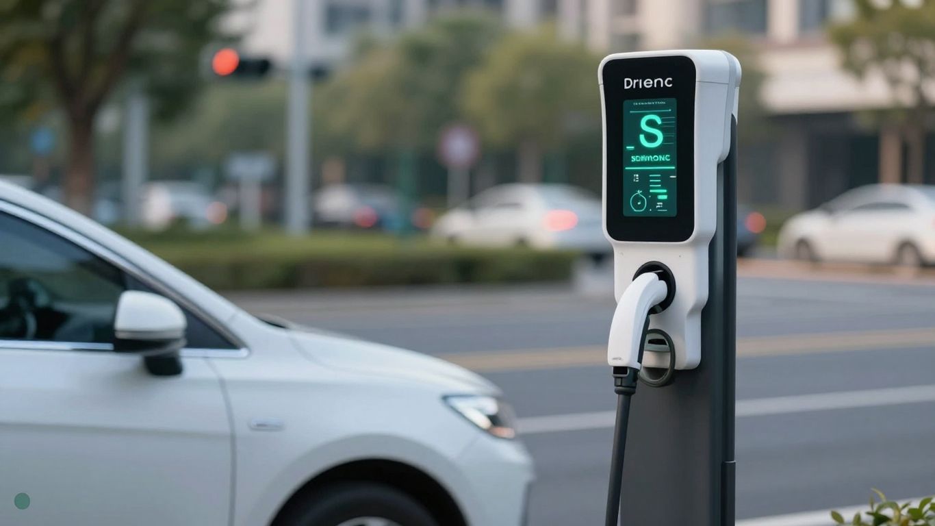 Detailansicht eines modernen Elektrofahrzeugs beim Ladevorgang