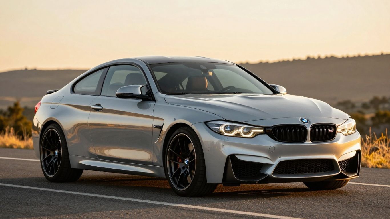 BMW M4 parked on a scenic road during golden hour.