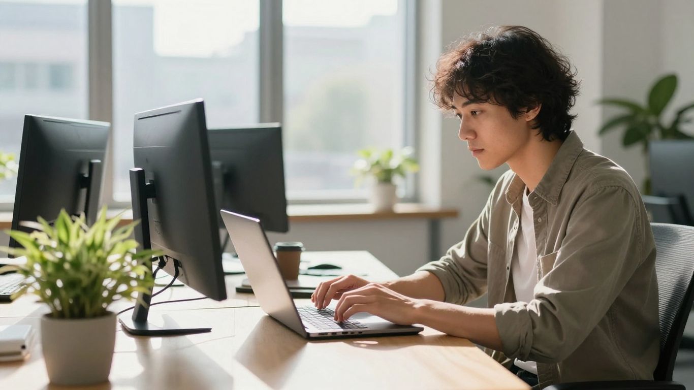 Person working on laptop in bright office.