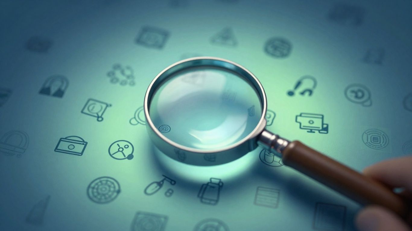 Magnifying glass examining digital icons for Amazon PPC audit.