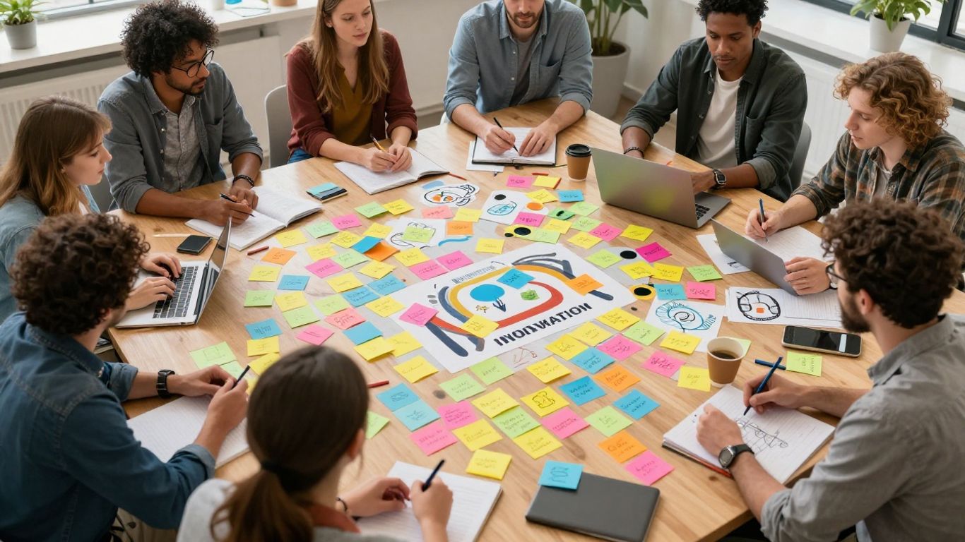 Open innovation collaboration with diverse team brainstorming ideas.