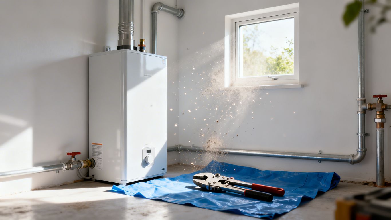 Water heater installation tools and unit in a utility room.