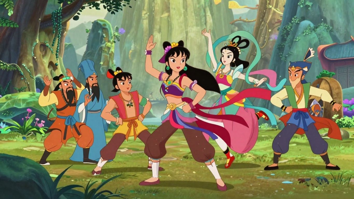Vibrant Chinese animation characters in a fantastical landscape.