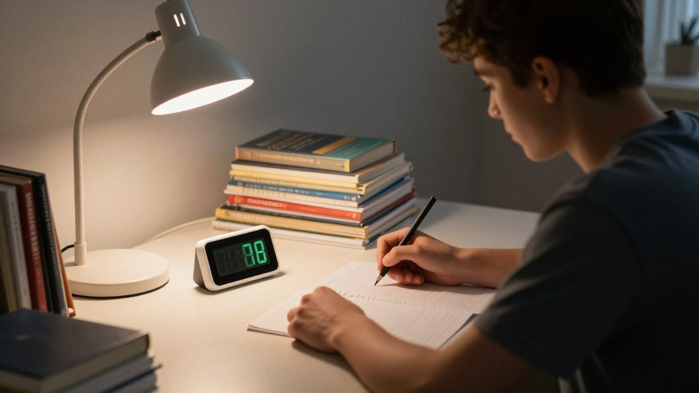 Student studying with a digital timer on desk.