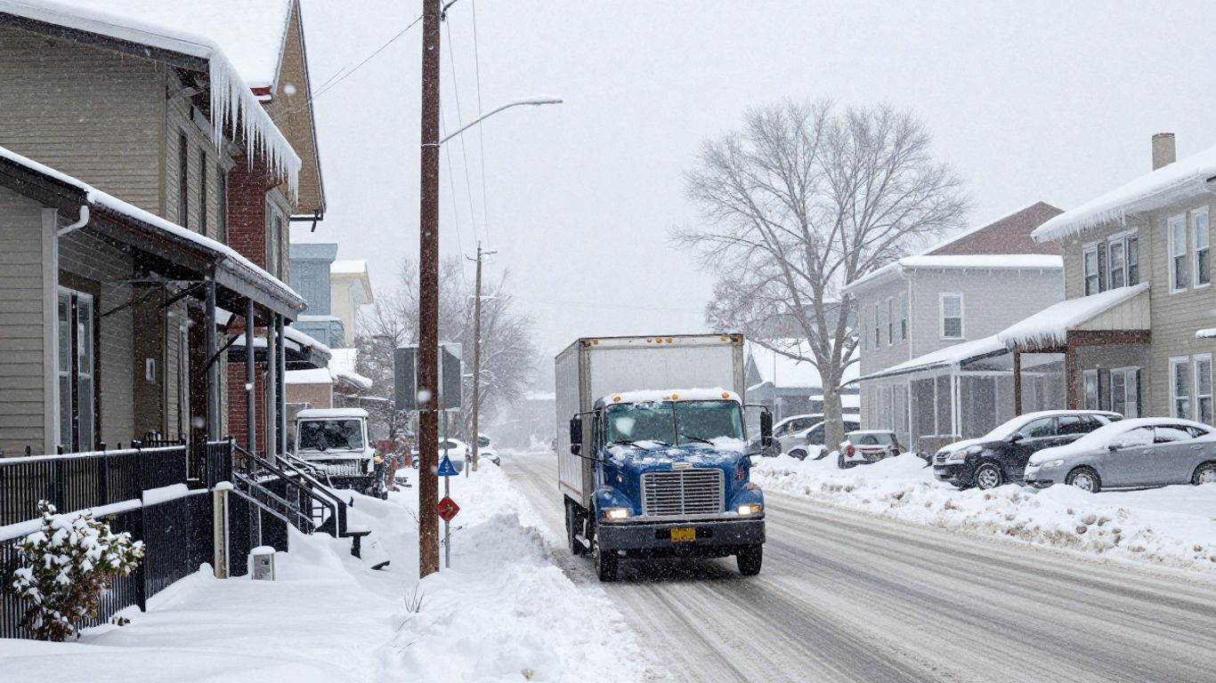 Moving truck in Buffalo during a winter snowstorm.