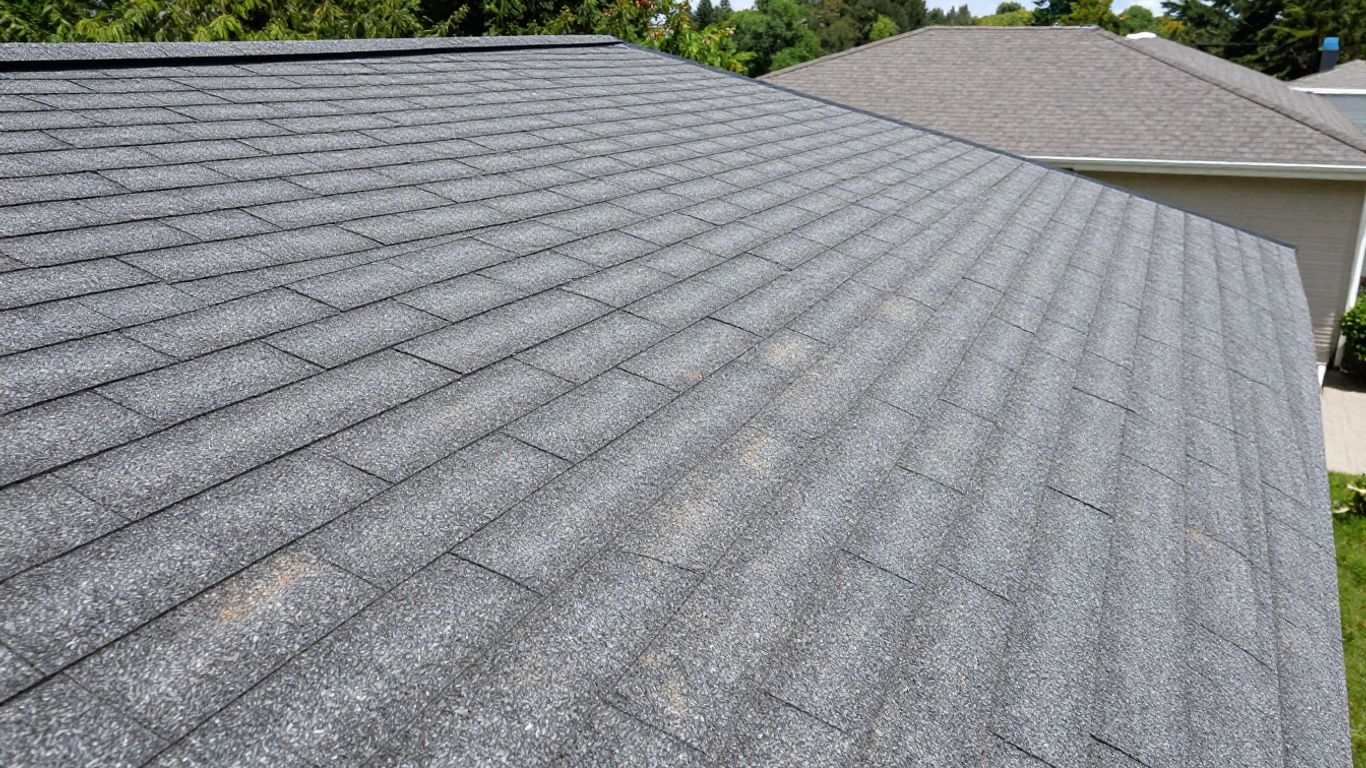 Residential rooftop with detailed shingles.