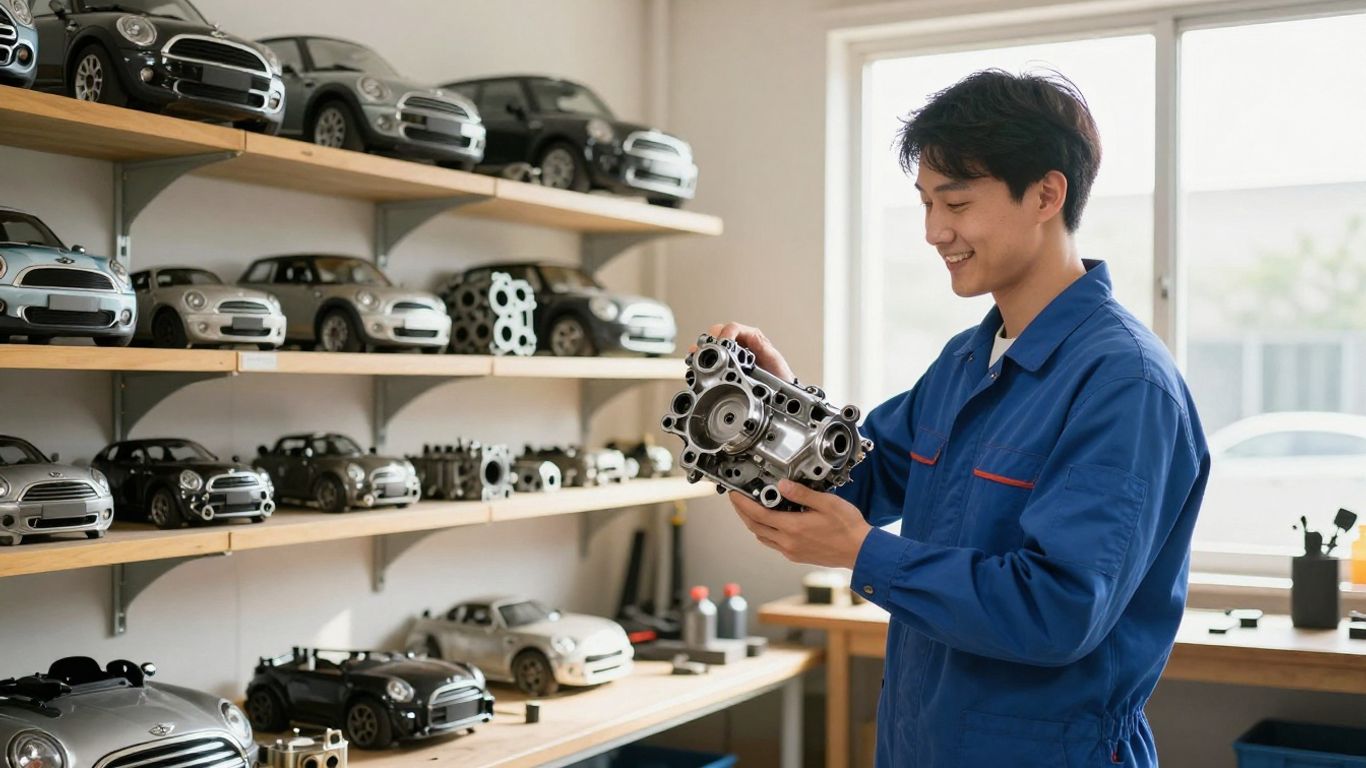 Mini Cooper parts and mechanic in workshop.